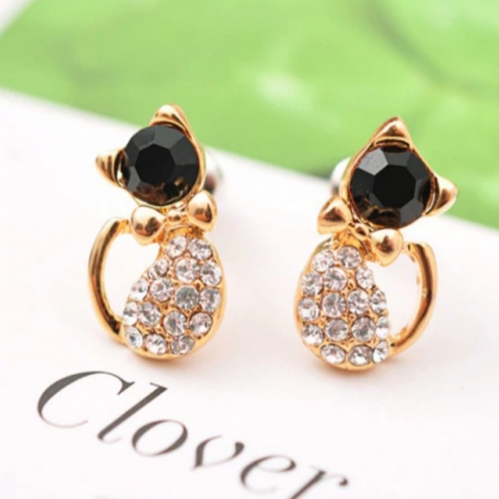 18k Rose Gold Kitty Cat Crystal Earrings